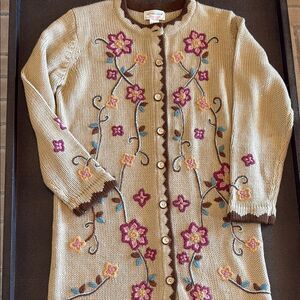 Victor Costa Occasion Tan and Purple Embroidered Longline Cardigan size medium